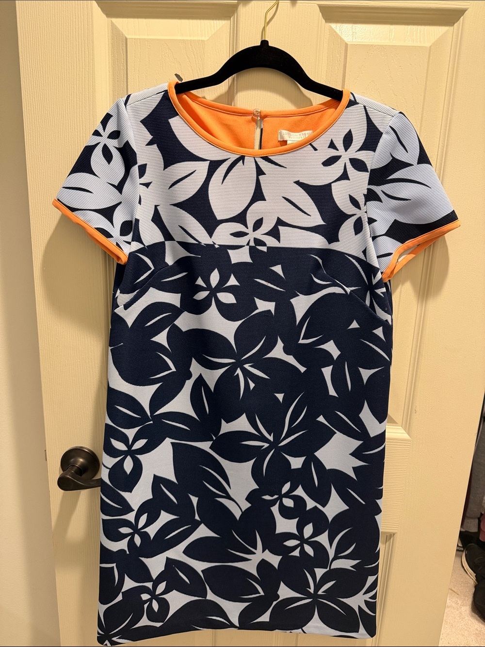 London Times Navy and Light Blue Floral Mini Dress with Orange Trim